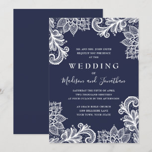 Navy Lace Applique Elegant Wedding Invitation