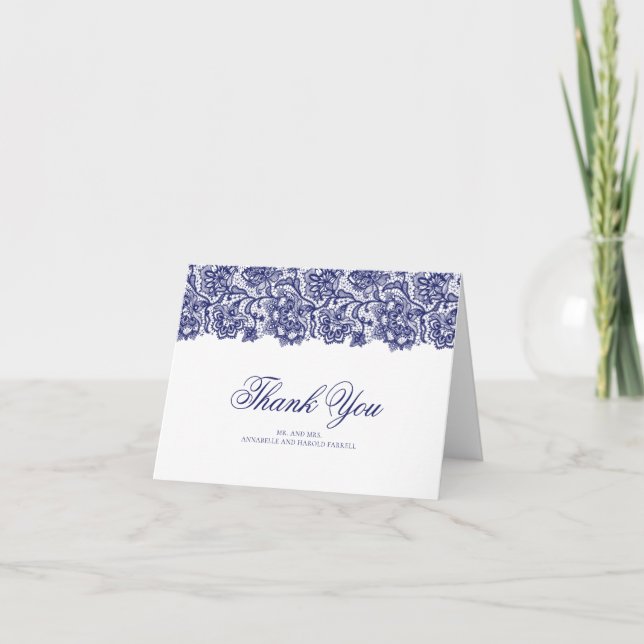 Navy Lace Elegant Wedding Thank You Card (Front)