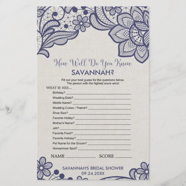 Navy Lace "How Well Do You Know The Bride" Game Flyer (Front)