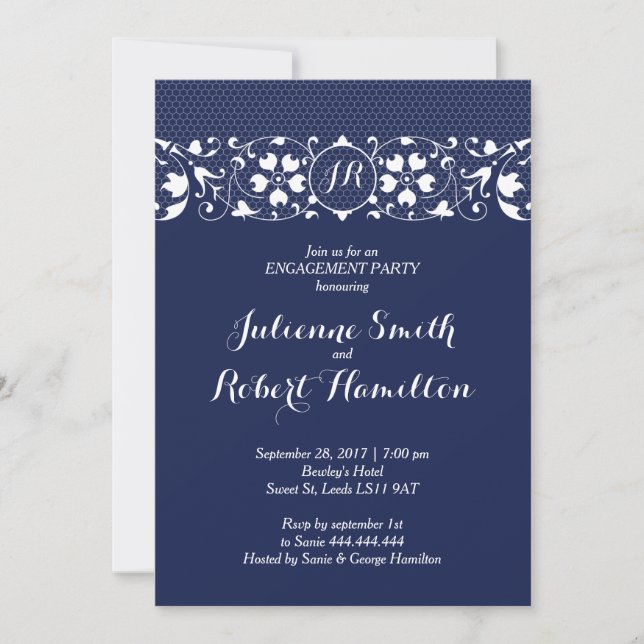 Navy Lace Monogram Engagement Party Invitation (Front)