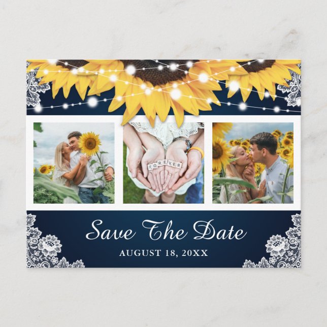 Navy Lace Sunflower Wedding Photo Save The Date Announcement Postcard (Front)