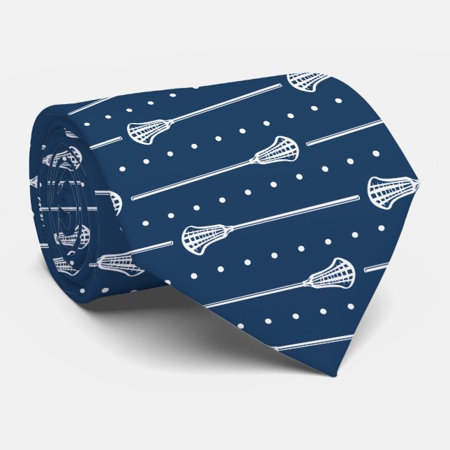Navy Lacrosse White Sticks & Dotted Lines Pattern Tie (Rolled)