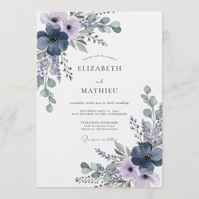 Navy Lavender Ethereal Bloom Wedding Invitation (Front)