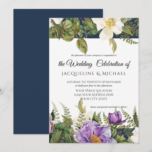 Navy Lavender Floral Ivory Wedding Rose Foliage Invitation (Front/Back)