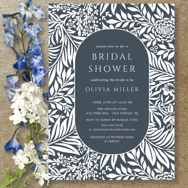 Navy Leaf Floral Bridal Shower Invitation (Creator Uploaded)