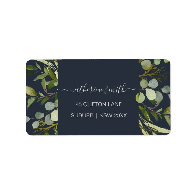 NAVY LEAFY GREEN FOLIAGE WATERCOLOR  ADDRESS LABEL (Front)