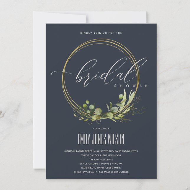 NAVY LEAFY GREEN FOLIAGE WATERCOLOR BRIDAL SHOWER INVITATION (Front)