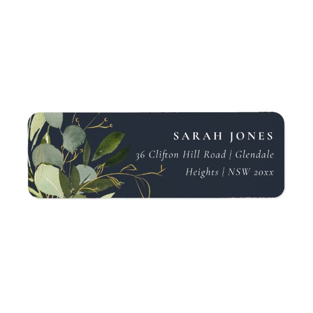 NAVY LEAFY GREEN GOLD FOLIAGE WATERCOLOR ADDRESS (Front)