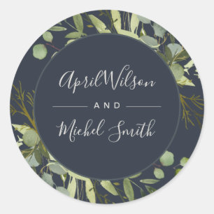 NAVY LEAFY GREEN GOLD FOLIAGE WATERCOLOR WEDDING CLASSIC ROUND STICKER