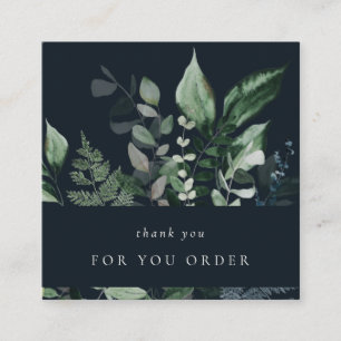 Navy Leafy Tropical Foliage Fern Thank You Order Square Business Card