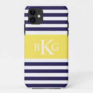 Navy Lemon Yellow Stripes Monogram iPhone 11 Case