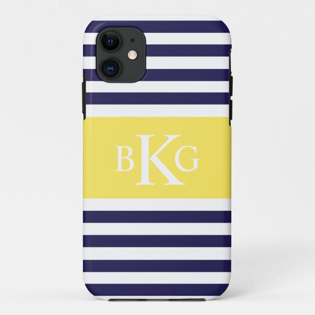 Navy Lemon Yellow Stripes Monogram Case-Mate iPhone Case (Back)