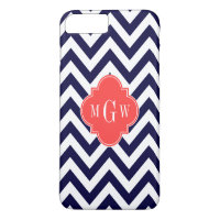 Navy Lg Chevron Coral Red Quatrefoil 3 Monogram