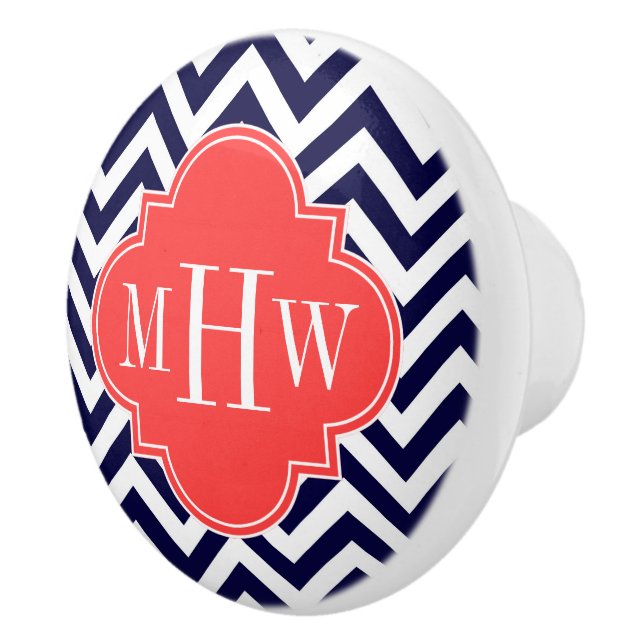 Navy Lg Chevron Coral Red Quatrefoil 3 Monogram Ceramic Knob (Right)