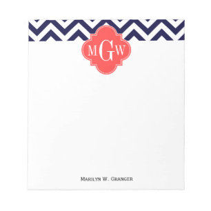Navy Lg Chevron Coral Red Quatrefoil 3 Monogram Notepad