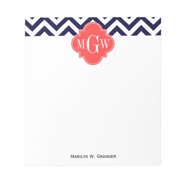 Navy Lg Chevron Coral Red Quatrefoil 3 Monogram Notepad (Front)