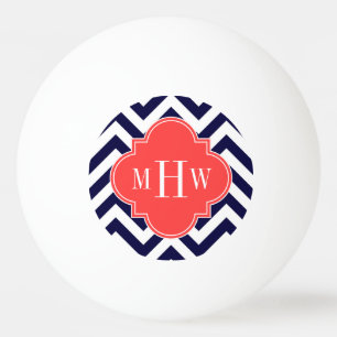 Navy Lg Chevron Coral Red Quatrefoil 3 Monogram Ping Pong Ball