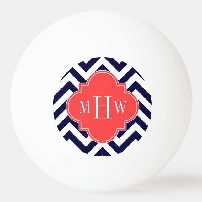 Navy Lg Chevron Coral Red Quatrefoil 3 Monogram Ping Pong Ball (Front)