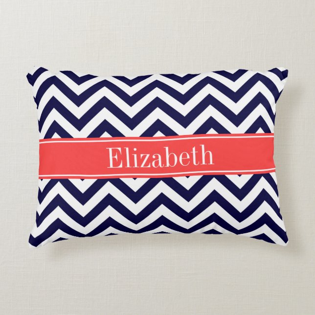 Navy Lg Chevron Coral Red Quatrefoil Name Monogram Decorative Cushion (Front)