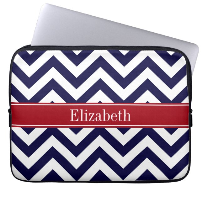 Navy Lg Chevron Cranberry Quatrefoil Name Monogram Laptop Sleeve (Front)