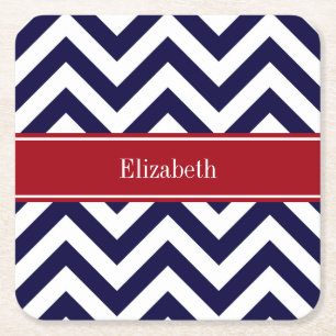Navy Lg Chevron Cranberry Quatrefoil Name Monogram Square Paper Coaster