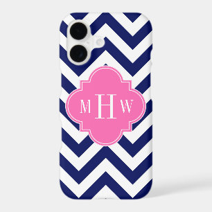 Navy Lg Chevron Hot Pink #2 Quatrefoil 3 Monogram