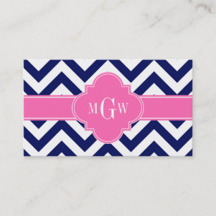 Navy Lg Chevron Hot Pink #2 Quatrefoil 3 Monogram Business Card