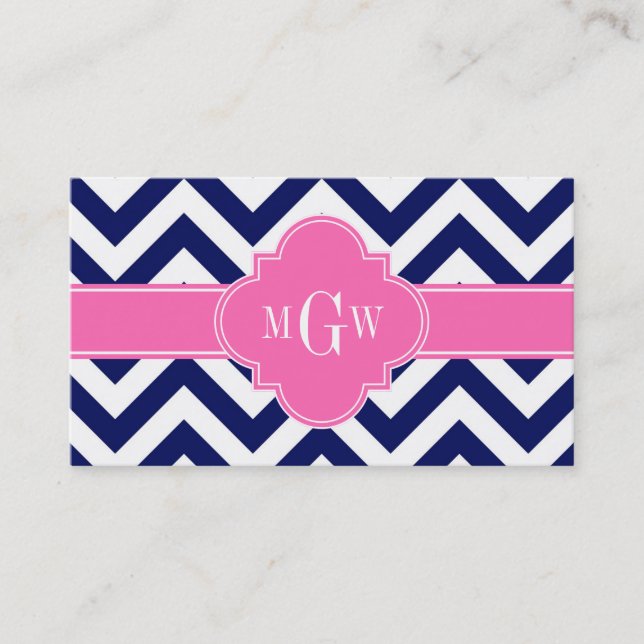 Navy Lg Chevron Hot Pink #2 Quatrefoil 3 Monogram Business Card (Front)
