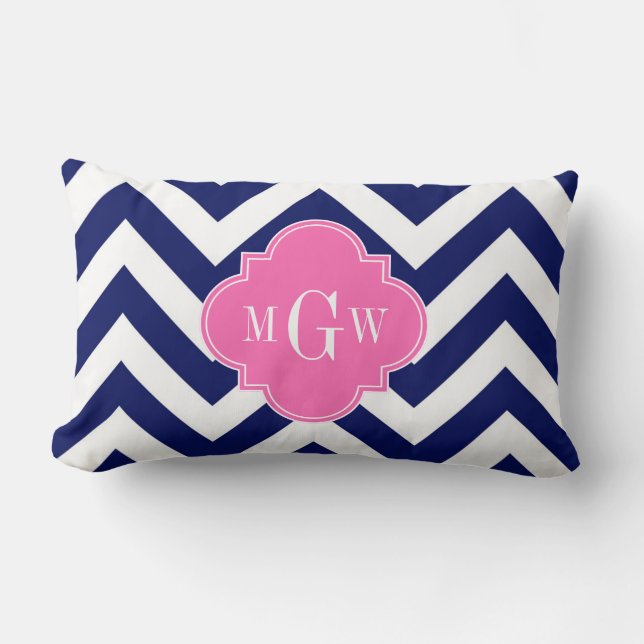 Navy Lg Chevron Hot Pink #2 Quatrefoil 3 Monogram Lumbar Cushion (Front)