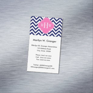 Navy Lg Chevron Hot Pink #2 Quatrefoil 3 Monogram Magnetic Business Card