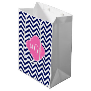 Navy Lg Chevron Hot Pink #2 Quatrefoil 3 Monogram Medium Gift Bag