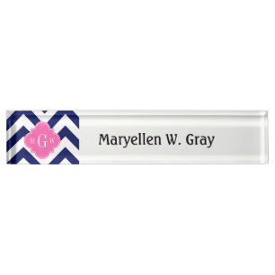 Navy Lg Chevron Hot Pink #2 Quatrefoil 3 Monogram Nameplate