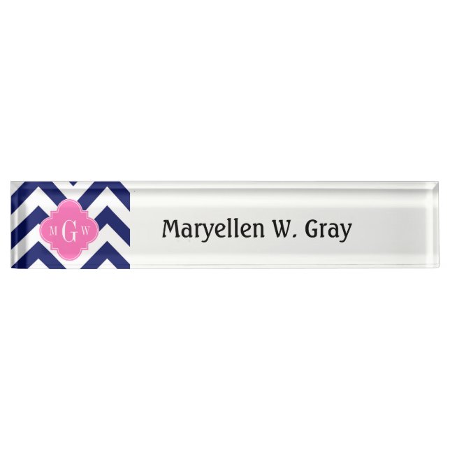 Navy Lg Chevron Hot Pink #2 Quatrefoil 3 Monogram Nameplate (Front)