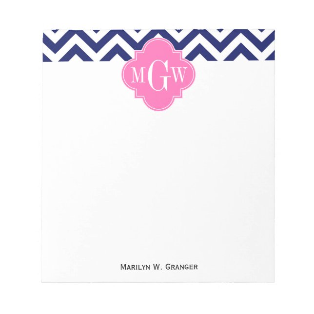 Navy Lg Chevron Hot Pink #2 Quatrefoil 3 Monogram Notepad (Front)