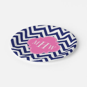 Navy Lg Chevron Hot Pink #2 Quatrefoil 3 Monogram Paper Plate