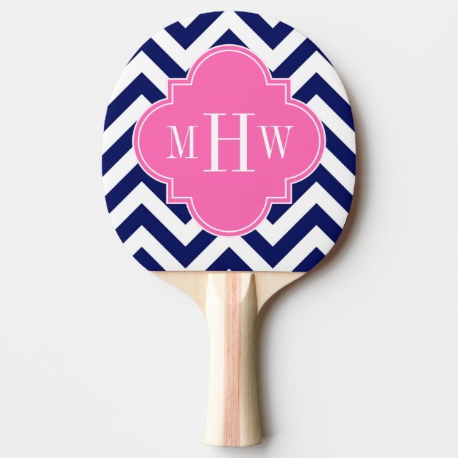 Navy Lg Chevron Hot Pink #2 Quatrefoil 3 Monogram Ping Pong Paddle (Front)