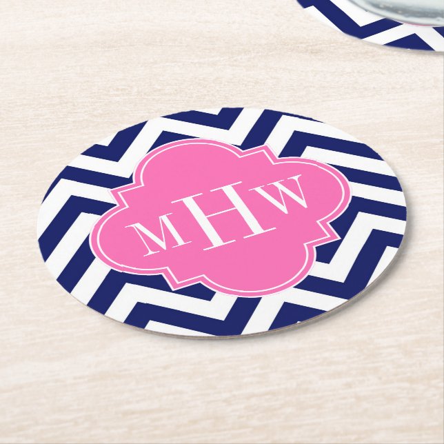 Navy Lg Chevron Hot Pink #2 Quatrefoil 3 Monogram Round Paper Coaster (Angled)
