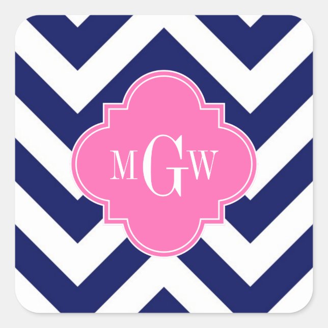 Navy Lg Chevron Hot Pink #2 Quatrefoil 3 Monogram Square Sticker (Front)