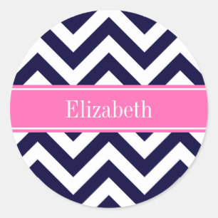 Navy Lg Chevron HotPink2 Quatrefoil Name Monogram Classic Round Sticker