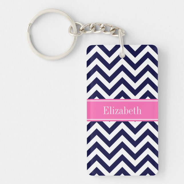 Navy Lg Chevron HotPink2 Quatrefoil Name Monogram Key Ring (Front)