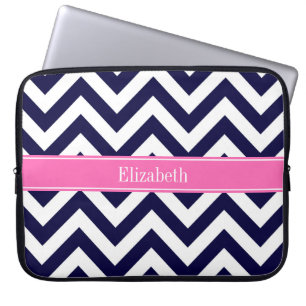 Navy Lg Chevron HotPink2 Quatrefoil Name Monogram Laptop Sleeve
