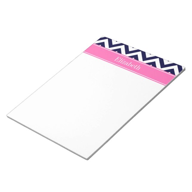 Navy Lg Chevron HotPink2 Quatrefoil Name Monogram Notepad (Angled)
