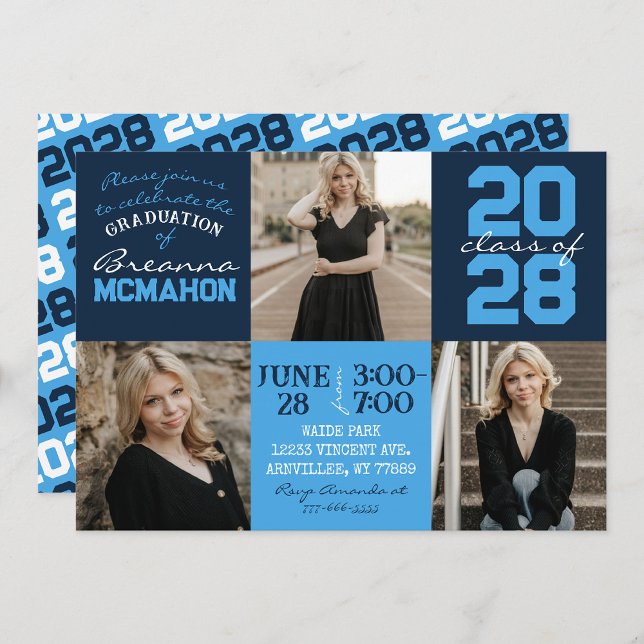 Navy & Light Blue 3 Photo Graduation Invitation (Creator Uploaded)