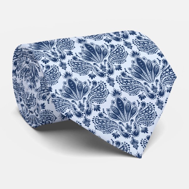Navy & Light Blue Floral Damasks Pattern Tie (Rolled)
