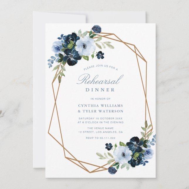 navy light blue floral rehearsal dinner invitation (Front)