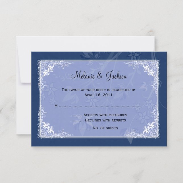 Navy Light Blue Floral Swirls RSVP Card (Front)