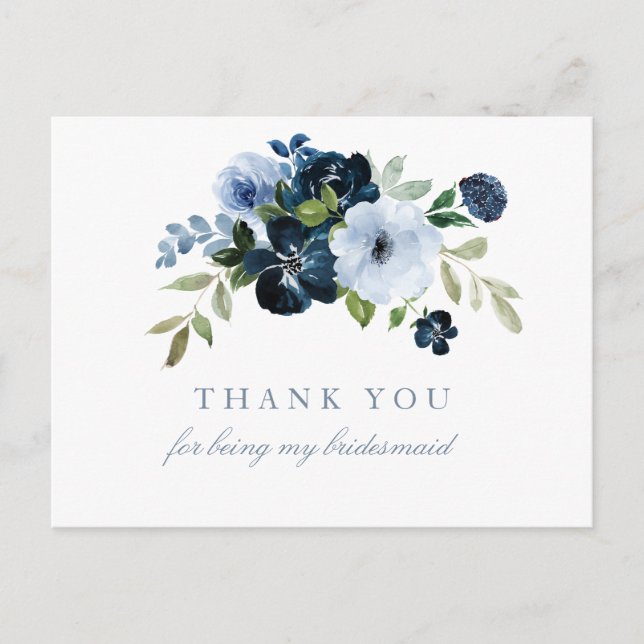 Navy & light blue floral thank you Bridesmaid card (Front)