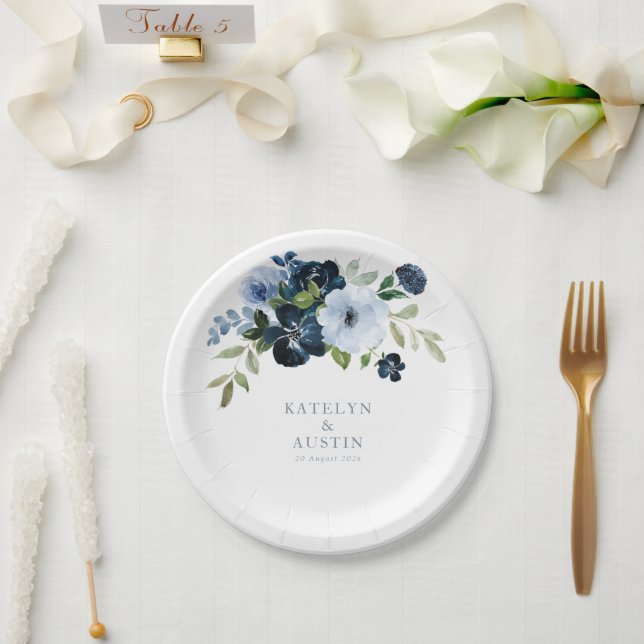 navy & light blue floral wedding paper plate (Wedding)