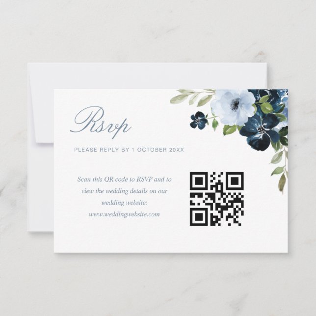 navy & light blue floral wedding QR code rsvp card (Front)