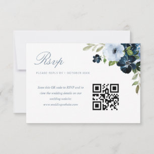 navy & light blue floral wedding QR code rsvp card